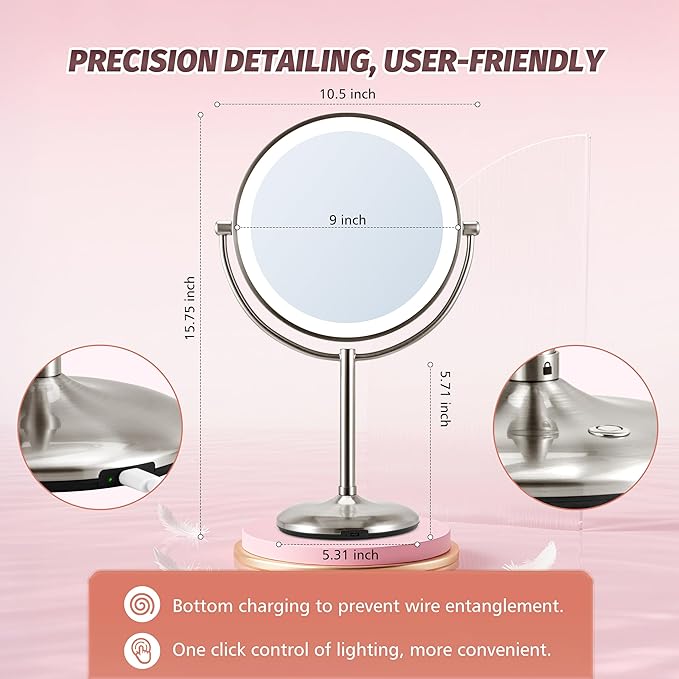 9" Lighted Makeup Mirror, 1X/20X Rechargeable Magnifying Mirror with 3 Color Dimmable Lights for Bedroom Tabletop, Base Charging and Switch, Women Gift