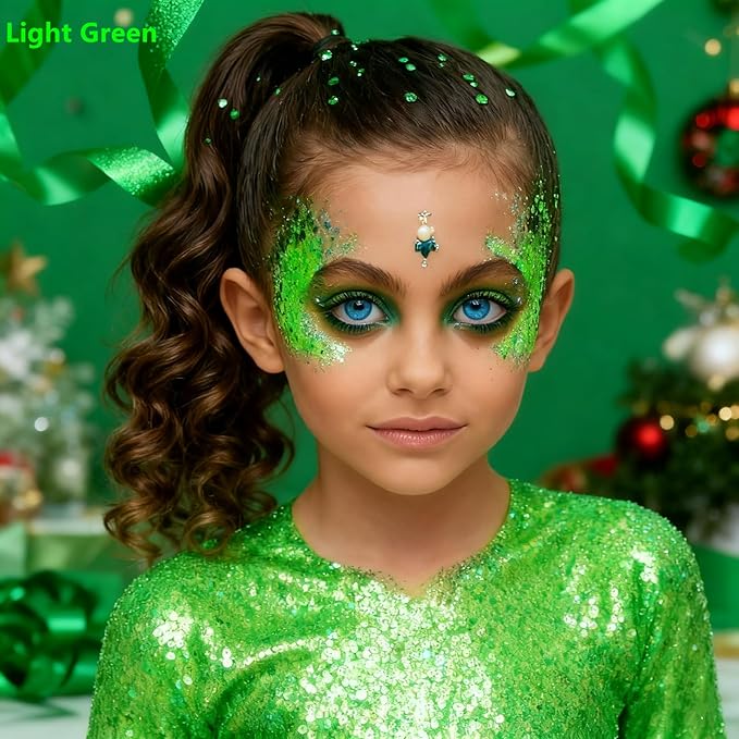 Go Ho Light Green Face Body Glitter,Sparkly Face Glitter Makeup,Light Green Face Paint Holographic Chunky Sequins Glitters for Eye Lip Hair, St Patricks Day Accessories