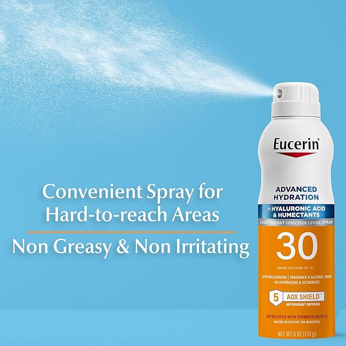 Eucerin Advanced Hydration SPF 30 Sunscreen Spray, Lightweight Sunscreen Lotion Spray, Hypoallergenic, Fragrance Free and Alcohol Free, 6 Oz Spray Bottle