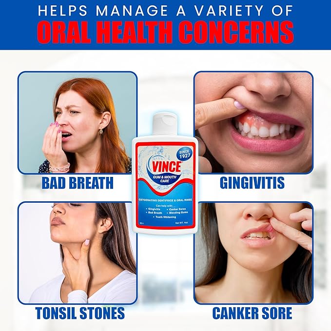 Vince Gum & Mouth Toothpaste Powder - Dentifrice & Mouthwash - Cavities - Gingivitis - Irritated, Bleeding & Receding Gums - Canker Sore - Bad Breath - Inflammation - Tonsil Stones - 4oz (Pack of 2)