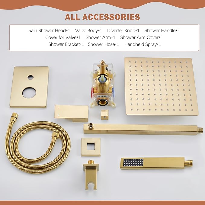 HoliSpa Gold Shower System, Shower Faucet Set with 10-Inch Rain Showerhead and Handheld Spray, Wall Mounted High-Pressure Showerhead Combo Set Included Valve and Trim, Brushed Gold