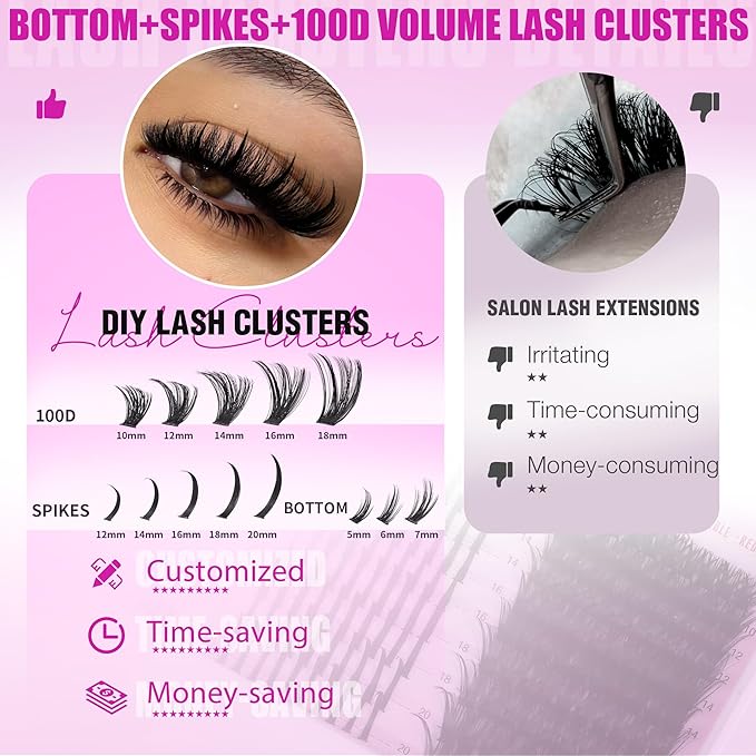 EYDEVRO Volume Eyelash Clusters Kit 100D Lash Clusters with Spikes Lash Extension Kit Bottom Lashes Wispy Cluster Eyelash Extensions 300 Pcs Spiky Lash Clusters Kit Lash Bond and Seal Tweezers Brushes