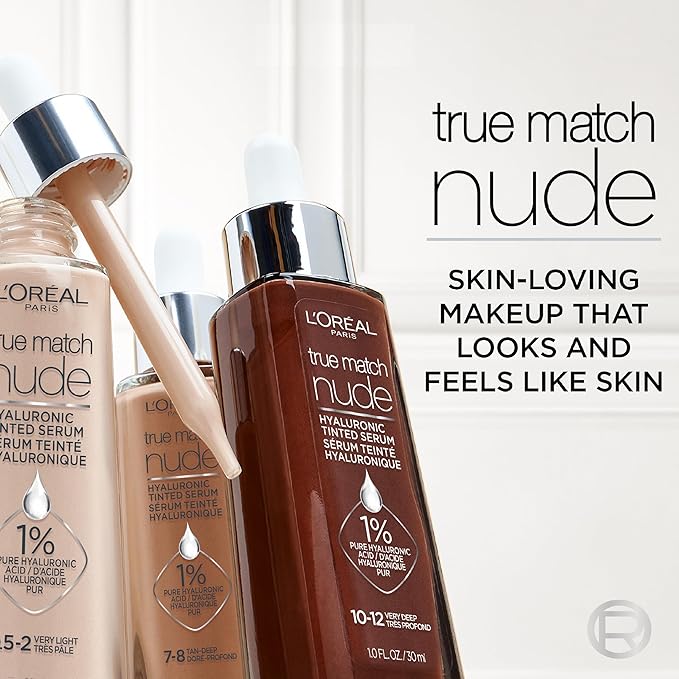 L'Oreal Paris True Match Nude Hyaluronic Tinted Serum Foundation with 1% Hyaluronic acid, Very Deep 10-12, 1 fl. oz.
