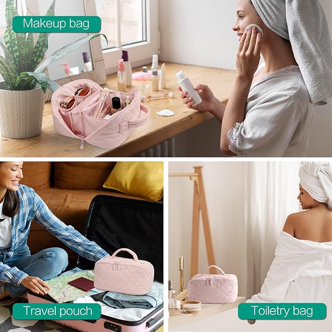 RunaFun Travel Makeup Bag for Women, Puffer Quilted Open Flat Makeup Organizer with Toiletry Bag, Portable Cosmetic Case for Travel & Daily Use,Pink