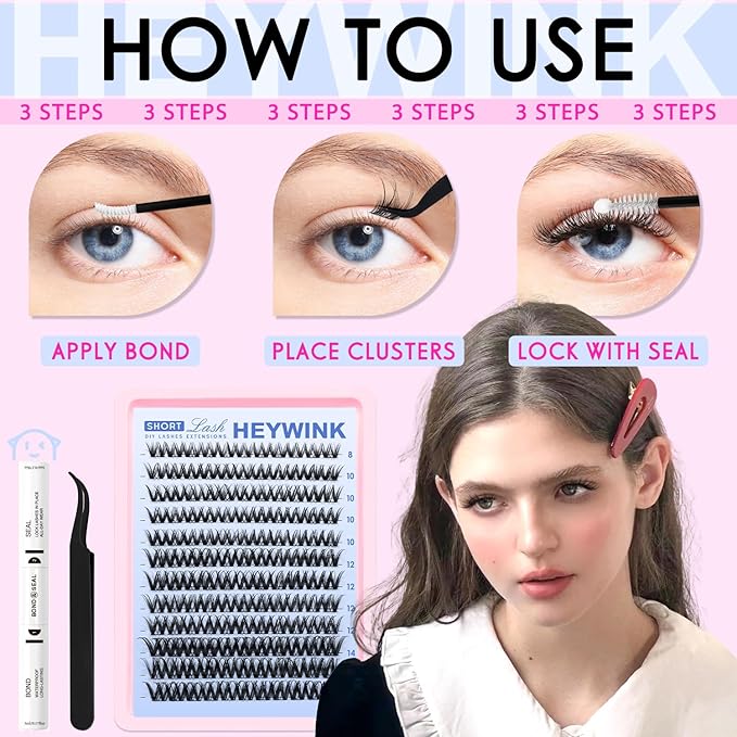 Flora Lash Clusters Kit Short 8-14mm Wispy Eyelash Clusters WideSpan DIY Eyelash Extension Kit Lashes Individual Lashes Eyelashes Clusters with 0.05mm Ultra-Thin Black Band by HEYWINK(Flora Short Kit)