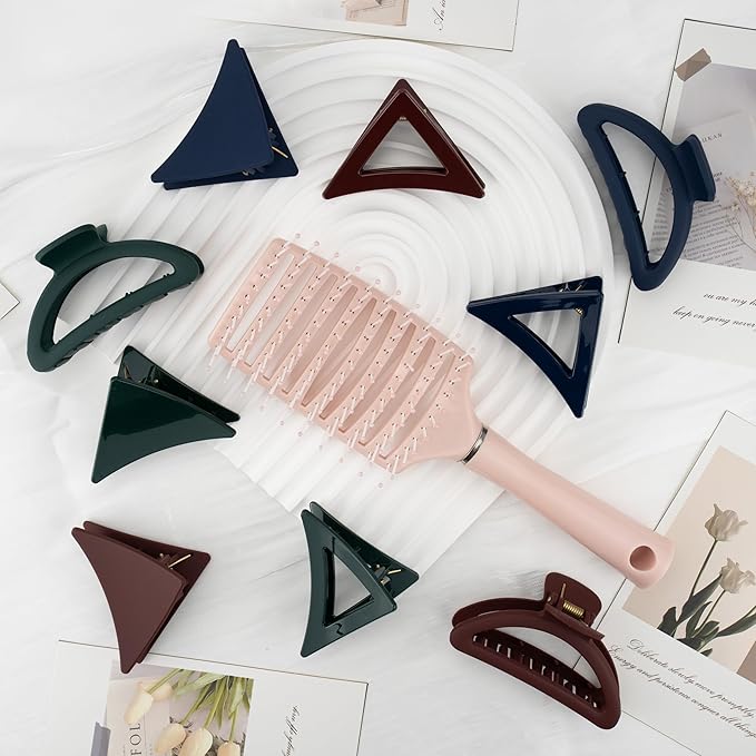 Bold Tones Hair Accessories Set - 9 Medium Hair Clips (Arched & Triangle), 1 Hair Brush | Non-Slip Hair Clips for Thin Hair (Burgundy, Navy, Forest Green)