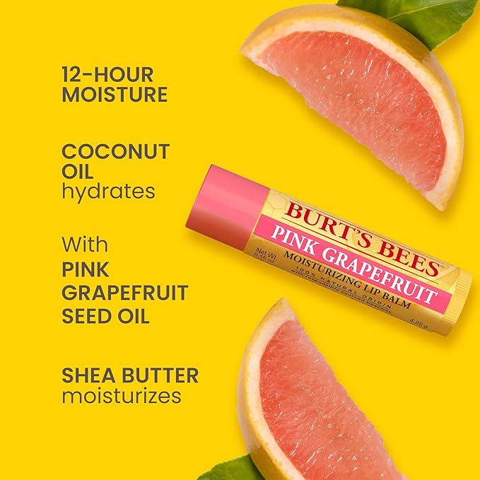 Burt's Bees Lip Balm - Pink Grapefruit, Lip Moisturizer With Responsibly Sourced Beeswax, Tint-Free, Natural Origin Conditioning Treatment, 2 Tubes, 0.15 oz.