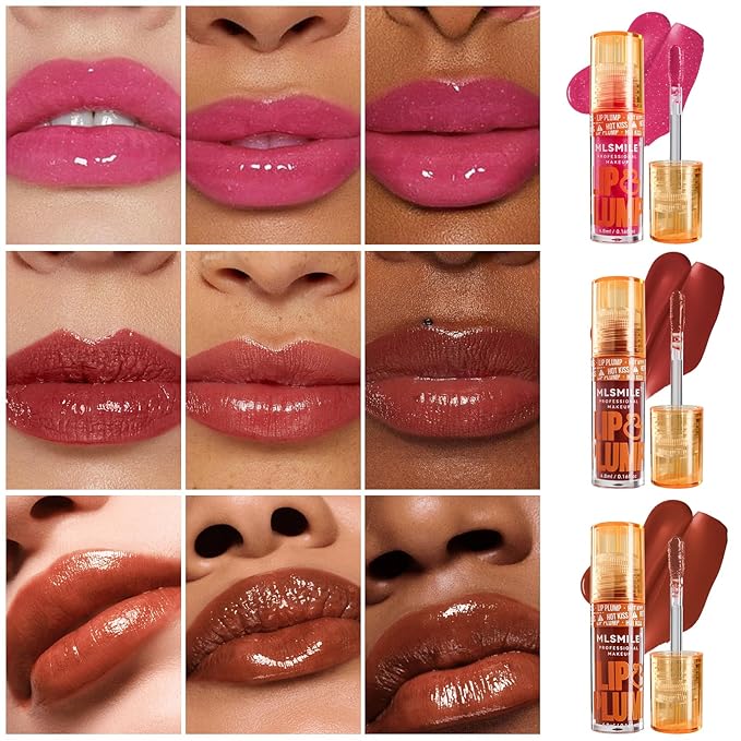 3-Color Duck Lip Plumper Gloss - High Pigment, Hydrating Lip Glow Oil, Balm Set for Women (Vegan, Set B)
