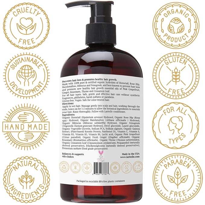 Laritelle Nature’s Love Organic Shampoo – 17.5 oz – Anti-Thinning Hair Growth, Rich Botanical Hydrosols & Keratin • Color Safe • Made in California
