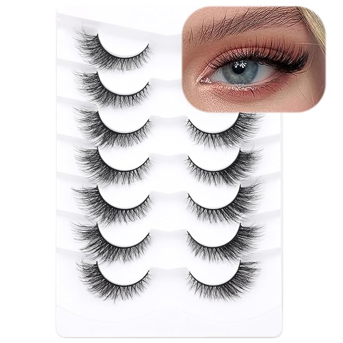 False Eyelashes Cat Eye Lashes Natural Fuzzy Eyelashes Wispy Strip Lashes Mink Volume Fake Eyelashes 7 Pairs Natural Lashes Cat Eye ALICROWN