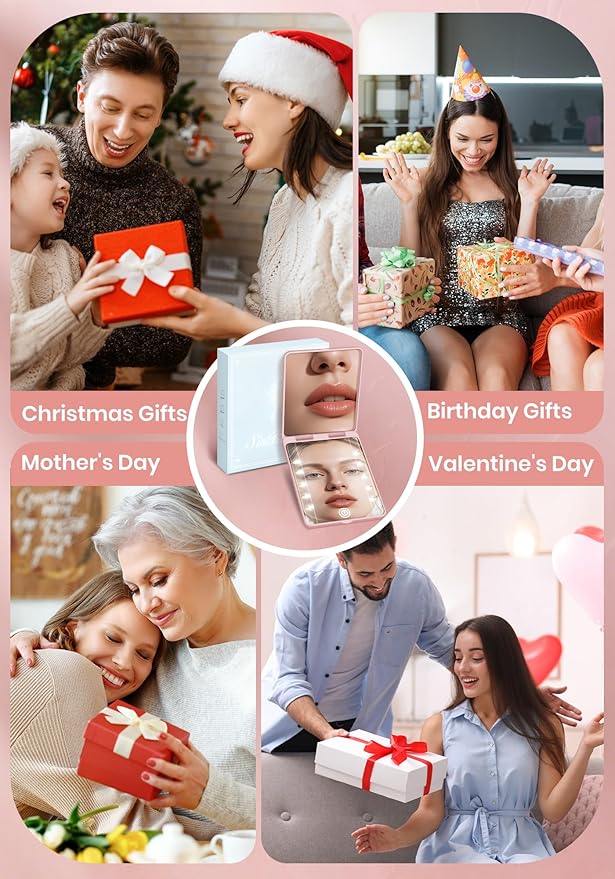 Compact Mirror, Rechargeable 30X Magnifying Mirror with 3 Lighting Modes & Dimmable Brightness, Portable Travel Makeup Mirror with Light, Essentials for Travel, Pocket, Purse, Gifts for Girls Pink