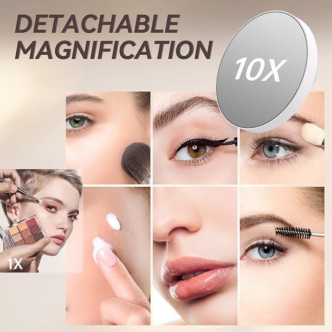 Hasipu Makeup Vanity Mirror with Lights, 11" L x 14" W LED Tabletop Make up Mirror for Desk, Lighting & Brightness Adjustment, 360°Rotation, 10x Magnification