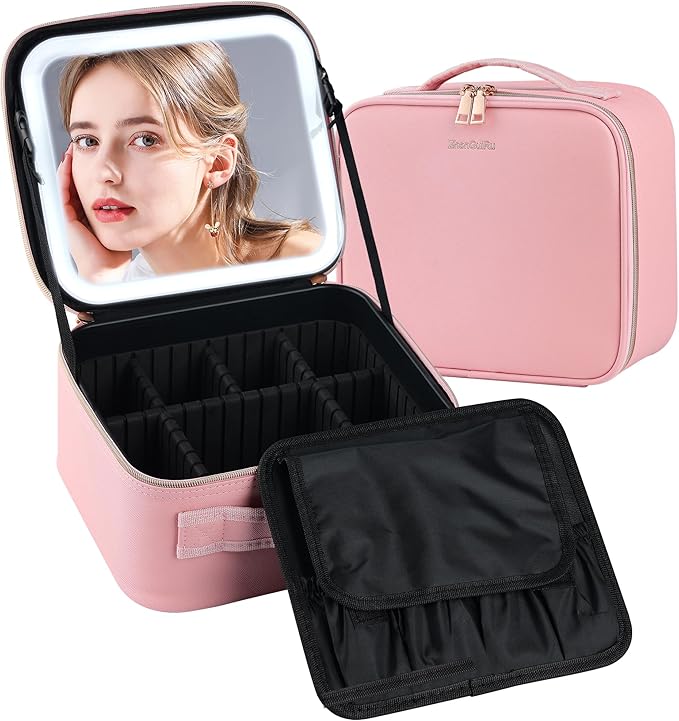 SJD Travel Makeup Bag with LED Mirror, Portable Cosmetic Case Organizer with Lighted Mirror, Waterproof Makeup Case for Cosmetic Brush Holder Storage, Black Toiletry Bag for Women Gift