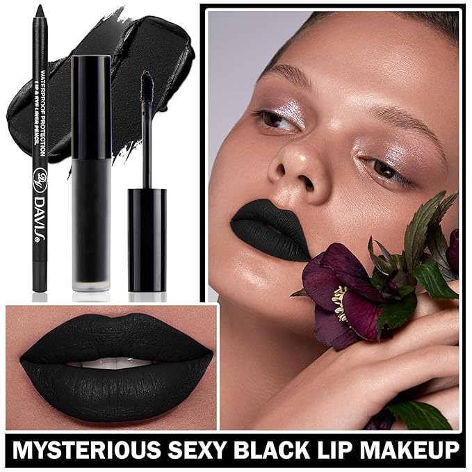 Matte Black Lipstick Lip Liner Set Black Liquid Lipstick Lip Tint Stain High Pigmented Black Lip Liner and Lip Gloss Set for Halloween Christmas Cosplay Goth Makeup