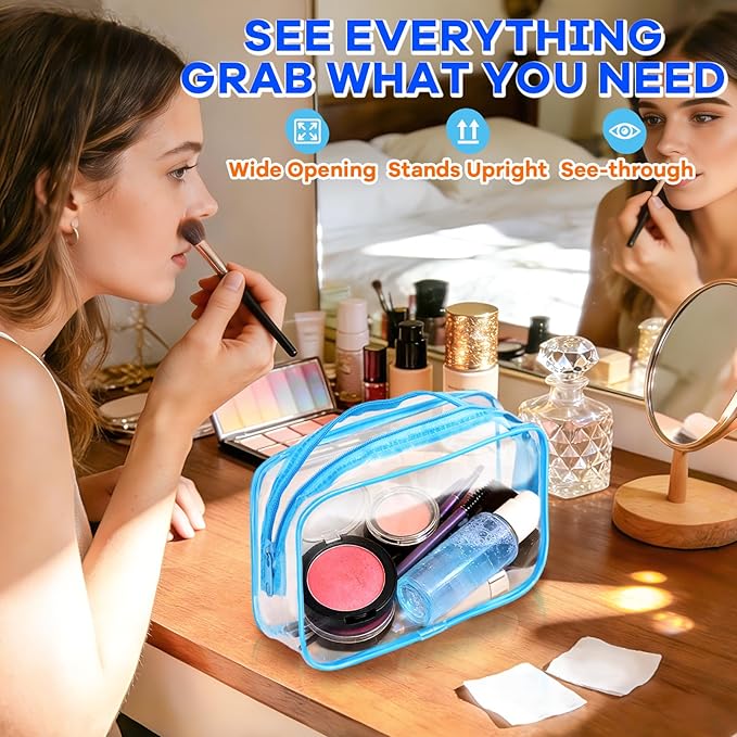 Eilyliafe Clear Cosmetic Bag Transparent Makeup Bag for Women Men Waterproof Travel Makeup Clear Toiletry Organizer Cosmetic Storage Pouch Case with Zipper (12, Blue, Medium)