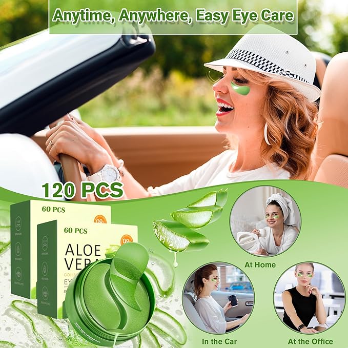 Lktvys Aloe Vera Eye Gel Patches 2 Pack 120 PCS, Soothing & Hydrating, Reducing Dark Circles and Puffiness, Collagen-Infused Eye Mask, Refreshing & Rejuvenating, Suitable for Both Men and Women