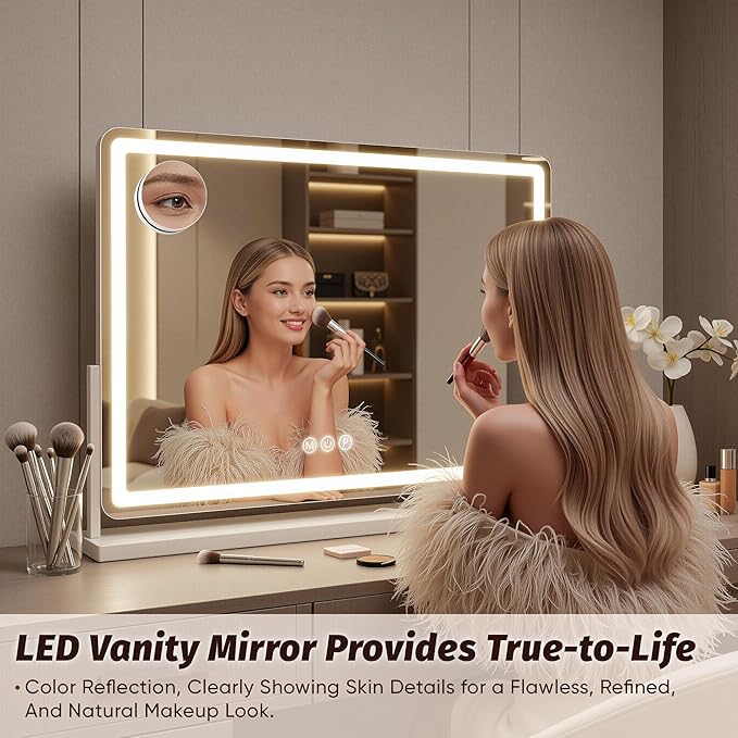Vanity Mirror with Lights, 33"x23" Hollywood Lighted Makeup Mirror for Tabletop & Bedroom 3 Color Lighting Modes Smart Touch Control 360° Rotation Detachable