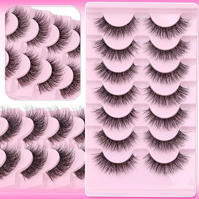 Mink Lashes Wispy False Eyelashes Clear Band Fake Strip Lashes Natural Look 18 mm Cat Eye Eyelashes Pack Pestañas Postizas Naturales Soft 3D Lashes, 7 Pairs