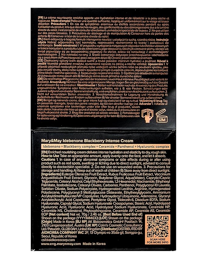 Mary&May Idebenone Blackberry Cream (4x Vitamin C Power) – Anti-Aging Moisturizer for Dry & Dull Skin, 63% Berry Complex & 5 Ceramides, 48H Hydration, Non-Greasy Korean Skincare, 2.46 oz