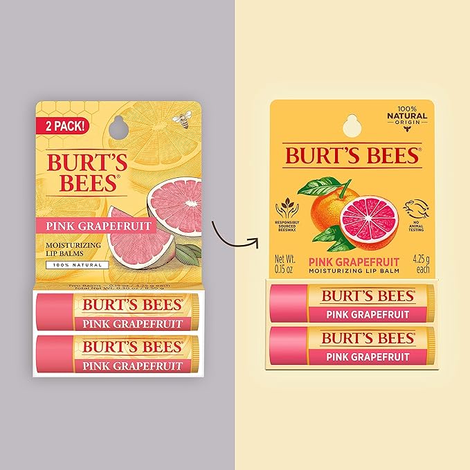 Burt's Bees Lip Balm - Pink Grapefruit, Lip Moisturizer With Responsibly Sourced Beeswax, Tint-Free, Natural Origin Conditioning Treatment, 2 Tubes, 0.15 oz.