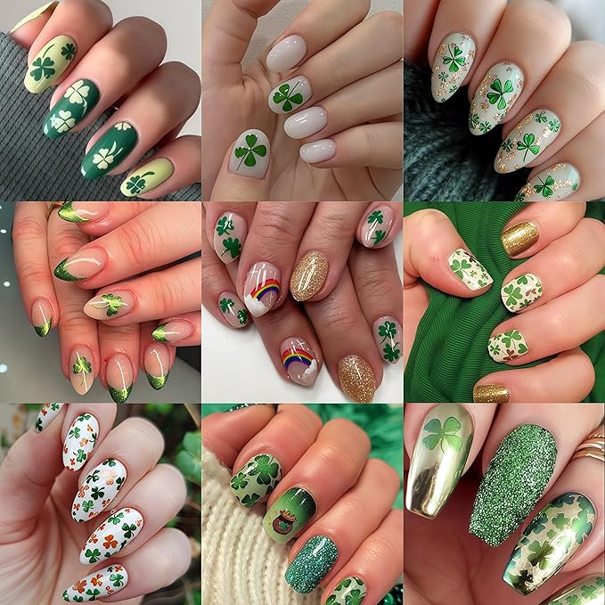 8 Sheets St. Patrick's Day Nail Art Stickers Green Shamrock 3D Self-Adhesive Nail Decals Four Leaf Clover Nail Supplies Lucky of Irish Spring Summer Lucky Leaf Nail Decor for Women Manicure DIY