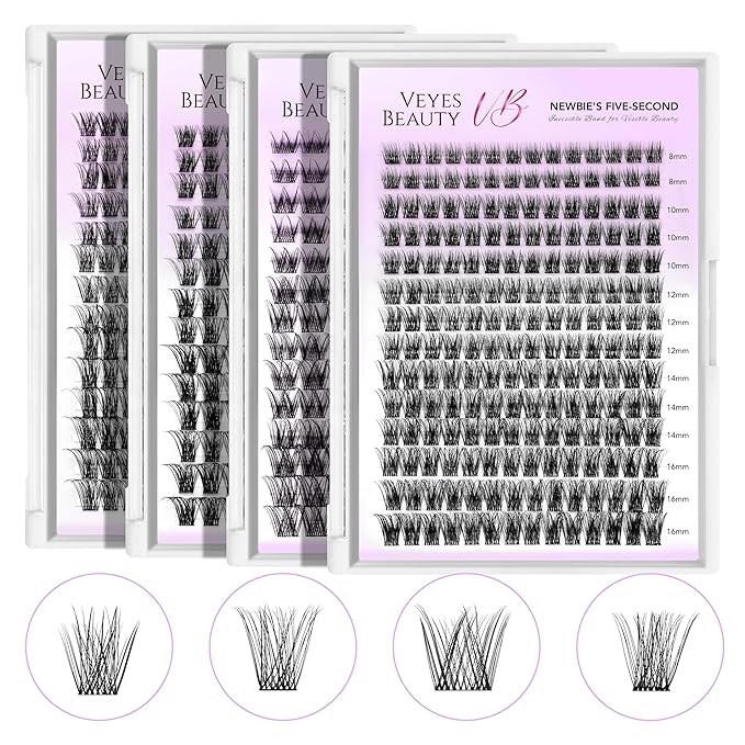 VEYESBEAUTY Lash Clusters Kit Individual Eyelash Extensions Thin & Invisible Band DIY False Eyelashes Newbie's Five-Second Series Wispy Lash Tray, Bomb KIT with Bond&Seal Remover Applicator