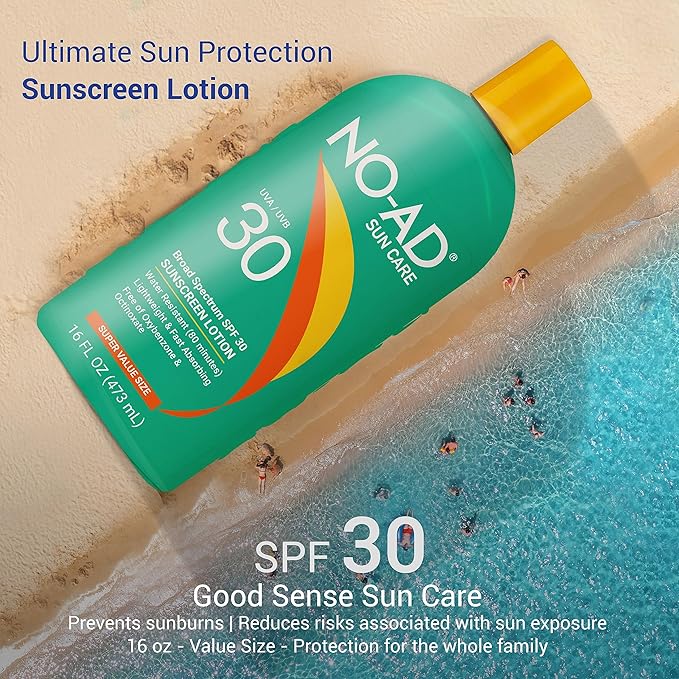 NO-AD SPF 30 Sunscreen Lotion | Broad Spectrum UVA/UVB Protection | Water Resistant | Octinoxate & Oxybenzone Free with moisturizing Vitamin E and Aloe 16oz | Pack of 2