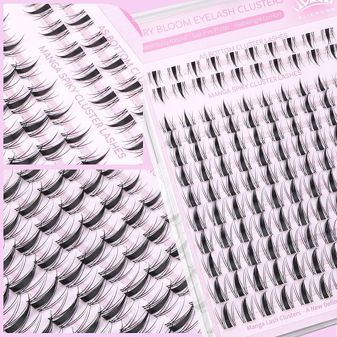 Fairy Lash Clusters Kit with Bottom Lashes Natural Eyelash Clusters Kit Wispy Lash Extensions Spikes C Curly Manga Eyelash Extensions Kit with Lash Bond and Seal Manga Wet-Look Individual Lashes Kit