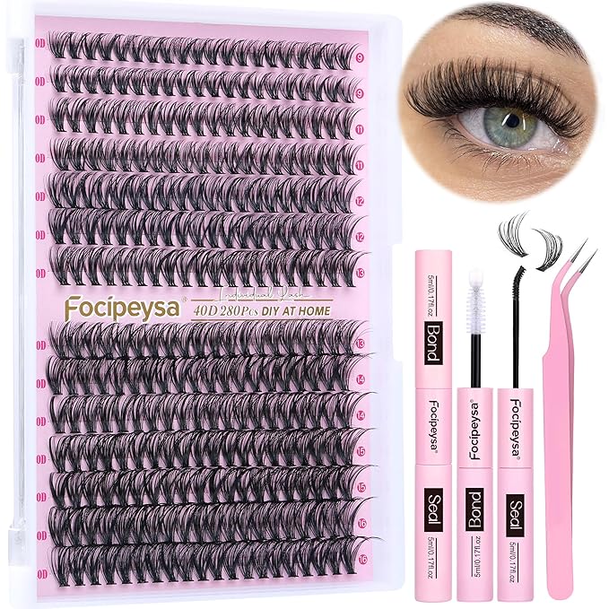 Focipeysa Eyelash Extension Kit D Curl Lash Clusters 280pcs DIY Lash Extension Kit 40D Individual Lashes with Lash Bond and Seal Lash Applicator DIY Lashes Kit for Individual Eyelashes Beginners