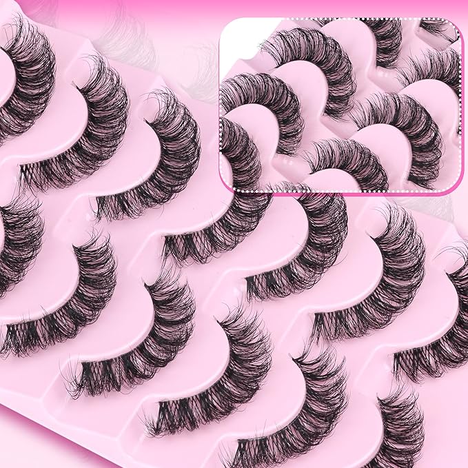 Strip Lashes Wispy False Eyelashes Clear Band Mink Lashes Natural Look Fake Eyelashes 3D 17MM Wispy Cat Eye Lashes Pack, 7 Pairs