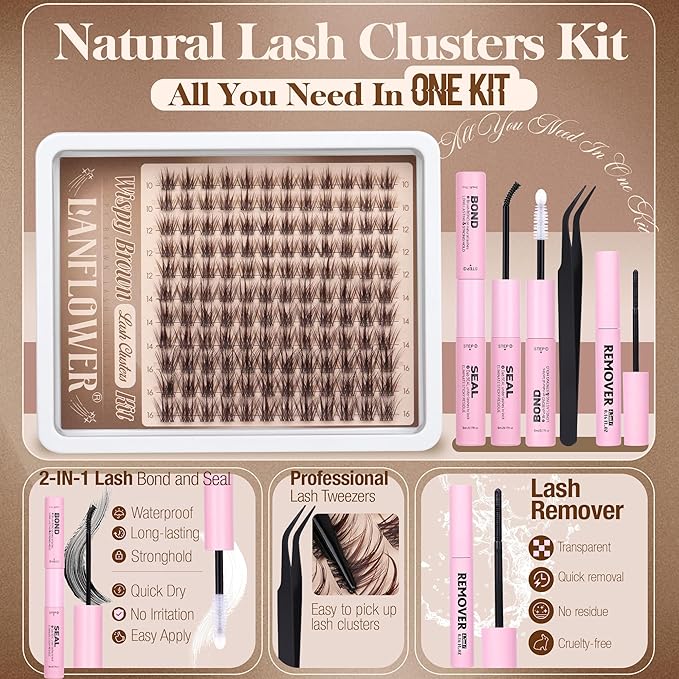 Brown Lash Clusters Kit Wispy Lash Extension Kit Natural Spiky Cluster Eyelash Extensions CD Curl Eyelash Extension Kit with Lash Bond seal and Remover by Lanflower
