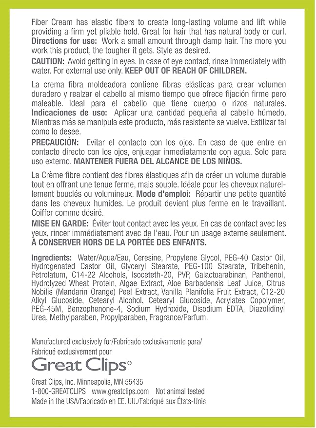 GREAT CLIPS Solutions Fiber Cream 3.4oz | Firm Hold with Pliable Styling | Create Volume and Lift | Great for Naturally Curly Hair