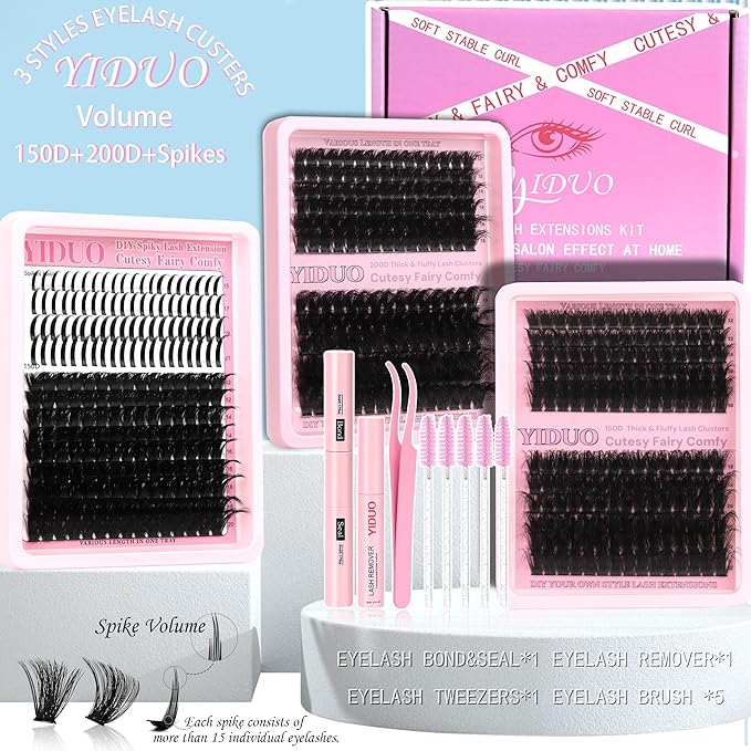 575Pcs Lashes Clusters Kit with Glue and Removers, D Curl Volume 150D+200D Thick+Spiky Lashes Extension, 12-21mm Thick Extension Eyelashes DIY Individual False Eyelash Kit DIY at Home Easily