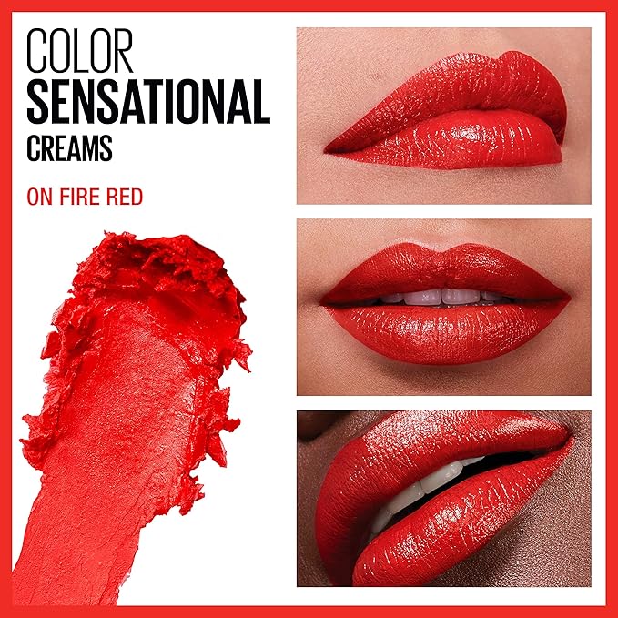 Maybelline Color Sensational Lipstick, Lip Makeup, Cream Finish, Hydrating Lipstick, Nude, Pink, Red, Plum Lip Color, On Fire Red, 0.15 oz; (Packaging May Vary)