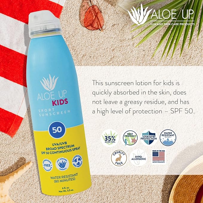Aloe Up Kids Continuous Sport Sunscreen Spray SPF 50 - Broad Spectrum Sheer Face and Body Sunscreen Protector for Sensitive Skin - With Aloe Vera Gel - Dries Fast - Reef Safe - Fragrance-Free - 6 Oz