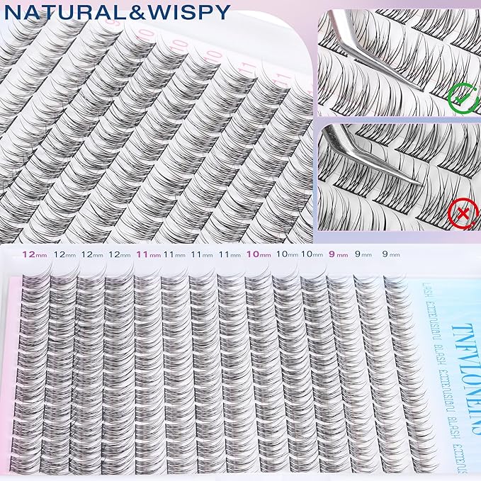 Natural Lash Extension Kit 168Pcs Lash Clusters Kit Wispy Eyelash Extensions 9-12MM Individual Lashes Extensions with Bond and Seal Lash Glue and Eyelash Extension Tweezers DIY at Home by TNFVLONEINS