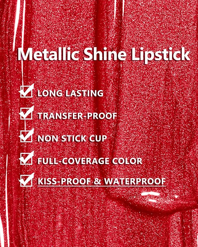 MAKI YIKA 3Pc Metallic Lipstick Long Lasting Pink Brown Red Glitter Lipsticks High Shine Lipstick No Smudge No Transfer Liquid Lip Gloss (Pink/Brown/Red)