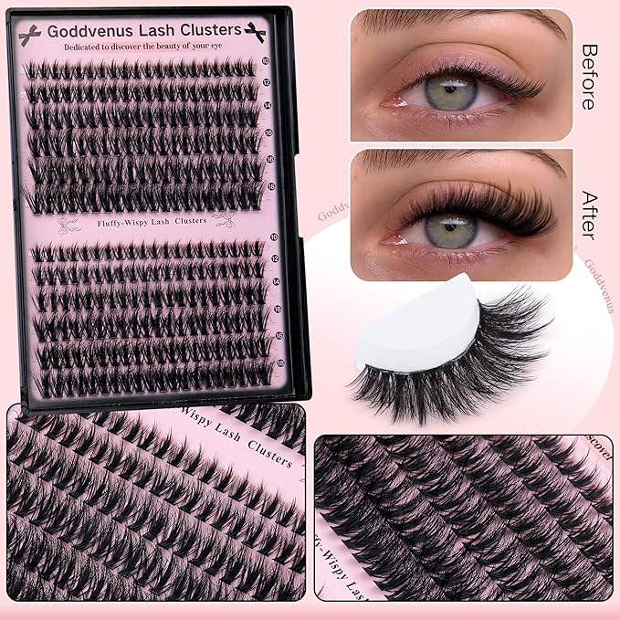 Lash Clusters Wispy Eyelash Clusters Fluffy Lashes Clusters Cute D Curl Cluster Eyelash Extensions with Soft Cotton Band Cluster Lashes 10-18mm Eyelashes Clusters for DIY Lash Extension