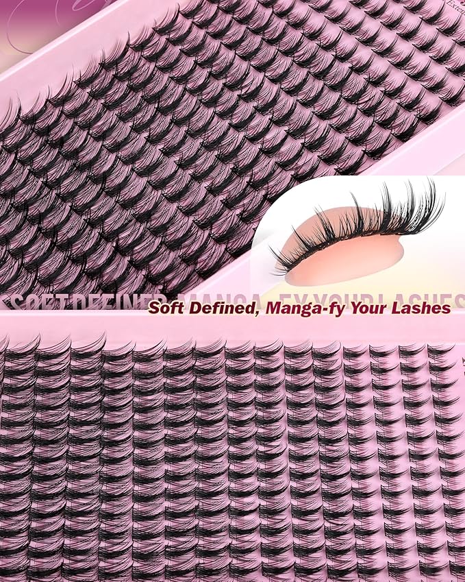 Yawamica Manga Lash Clusters Kit - DIY Eyelash Extension Kit with Bond and Seal & Tweezers, D Curl Wispy Spiky Individual Lashes 10-16mm Mixed Eyelash Clusters, Natural 3D Anime Look for Home Salon