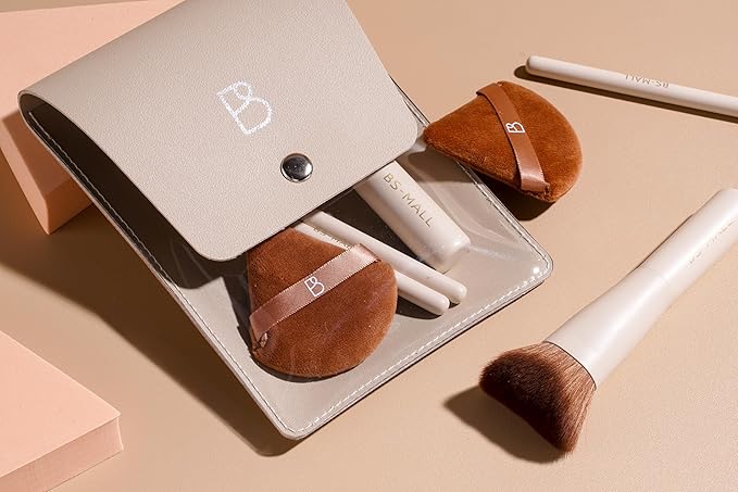 BS-MALL Travel Makeup Brushes Premium Synthetic Foundation Powder Concealers Eye Shadows 7 PCS with Triangle Puff & Storage Bag (Beige)