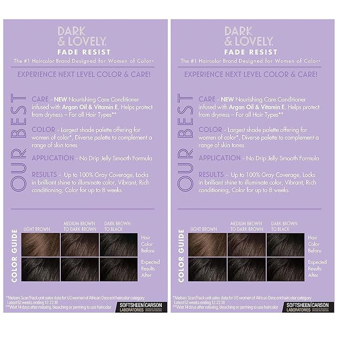 SoftSheen-Carson Dark and Lovely Fade Resist Rich Conditioning Hair Color, Permanent Hair Color, Up To 100 percent Gray Coverage, Brilliant Shine with Argan Oil and Vitamin E, Jet Black, 2 Count
