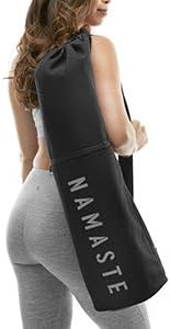 Masaya Namaste Large Yoga Mat Bag - Fits Exercise Mats, Drawstring Carrier for Men Women, Long Breathable Canvas Sling, Deep Front Pocket Zipper, Secret Storage, Adjustable Shoulder Strap