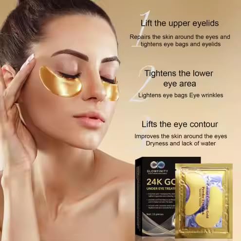 GLOWFINITY 24k Gold Under Eye Patches (10 Pairs), eye mask, Collagen Skin Care Products, Eye Patches for Puffy Eyes, eye masks for dark circles and puffiness