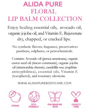 ALIDA PURE Floral Lip Balm Collection, Vegan Set, Beeswax Free, with Organic Jojoba and Avocado Oil, Vitamin E, Natural Moisturizer for Dry, Chapped or Cracked Lips, 3 Tube Set