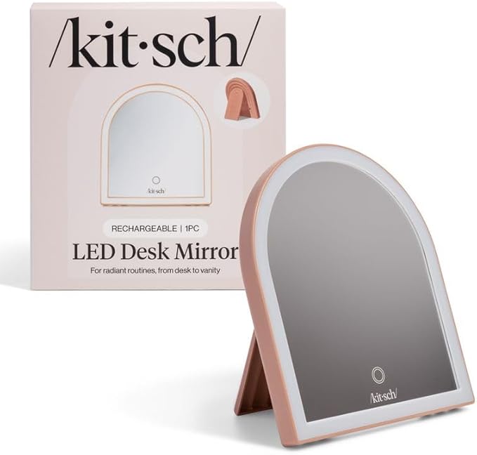 Kitsch Arch Desk Vanity Mirror with Lights, LED Makeup Surface, Touch Sensor Dimmable Warm Neutral Cool Glow, Rechargeable Desk Mirror with Kickstand for Travel - Terracotta