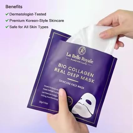 La Belle Royale - Bio Collagen Face Mask – Real Deep Hydrating & Anti-Aging Overnight Korean Sheet Mask with Hyaluronic Acid for Glowing, Pore Minimizing Skin - 4 Pack for Women & All Skin Types