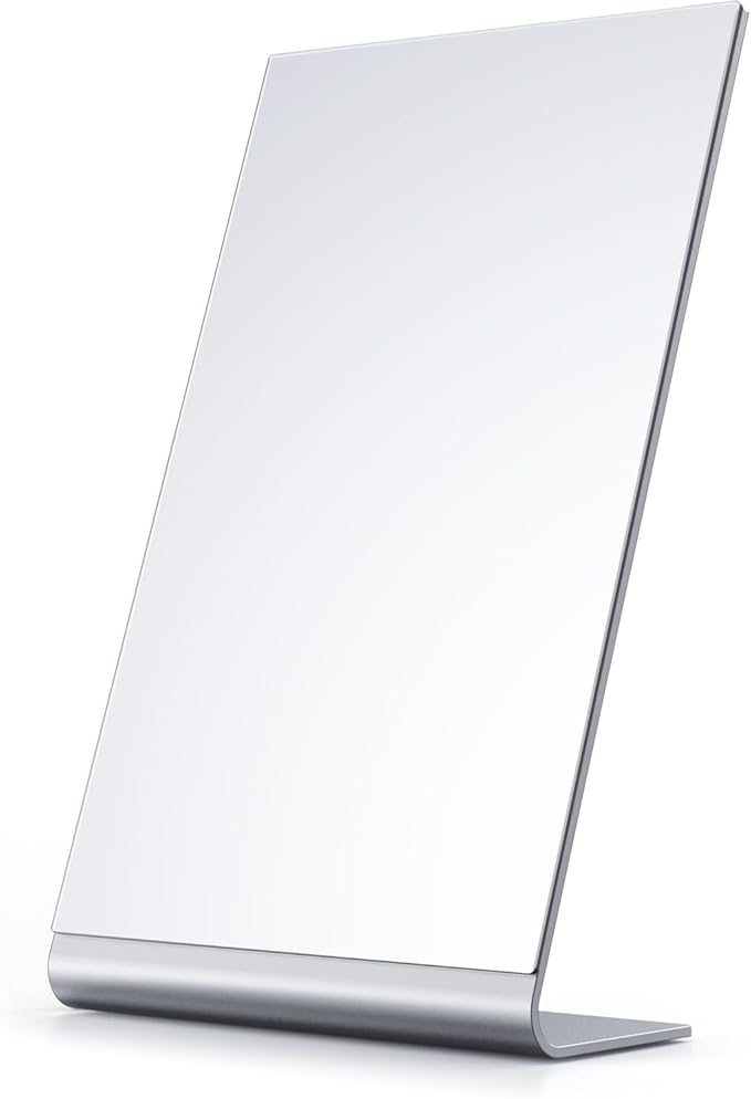 12"x7" Frameless Makeup Mirror, True 1X Flat Vanity Mirror for Accurate Reflection, Free Standing on Bathroom Vanity, Dresser or Desk, Ideal for Makeup, Shaving & Gifts (Silver)