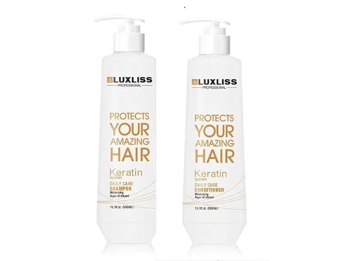 Luxliss Keratin Daily Care Shampoo and Conditioner Set, 2 Pack (16 Fl Oz each), Moisturizing, Anti-frizz, Repairing, for Chemically Treated Hair, Argan Oil