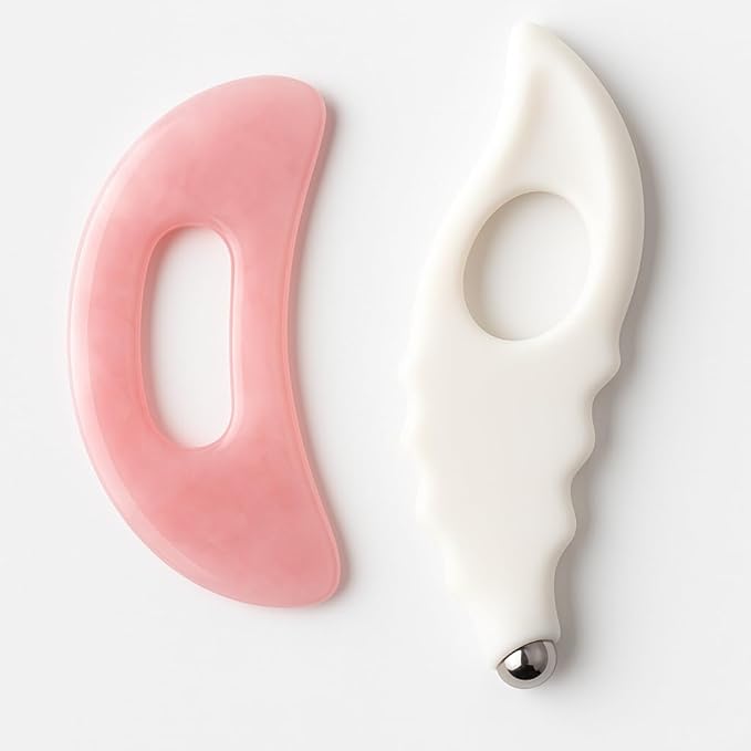 2-Piece Gua Sha Tool Set – Pink Moon Shape & White Wave Grip Massage Tool for Face & Body – Natural Stone Skin Care for Lymphatic Drainage, Firming & Relaxation