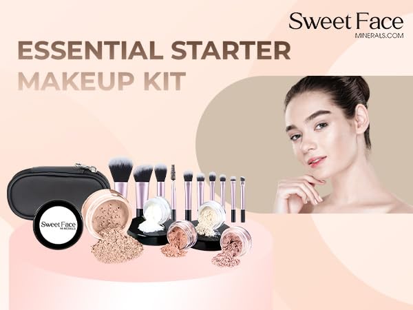16pc Beginner Mineral Makeup STARTER KIT with 10 BRUSH SET (5gm) Sample Size Foundation, Primer, Blush, Bronzer, Setting Powder for Learning, Occasional Use,First Time Users, Travel Size Kit (Light)